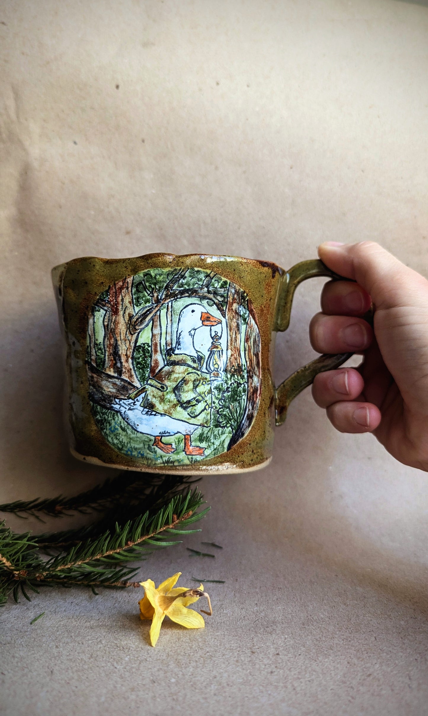 Handmade Mug with a Goose in the Forest