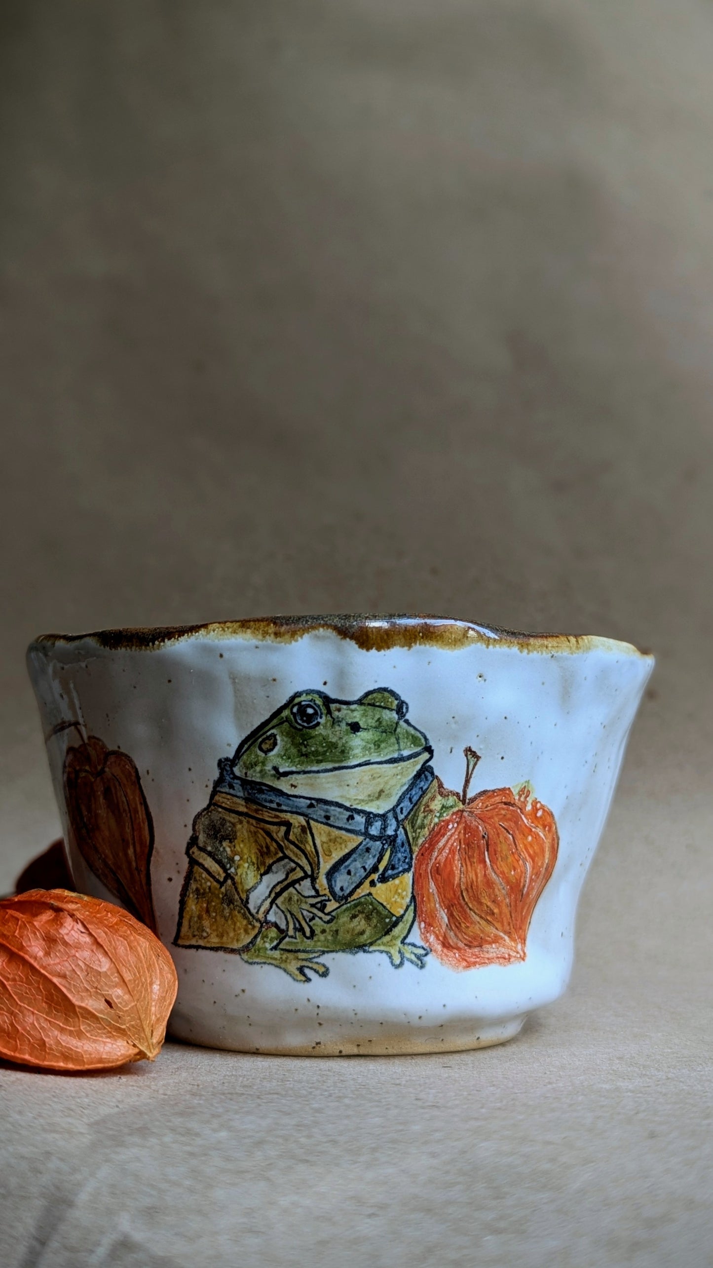 Handmade Mug with a Frog and Physalis