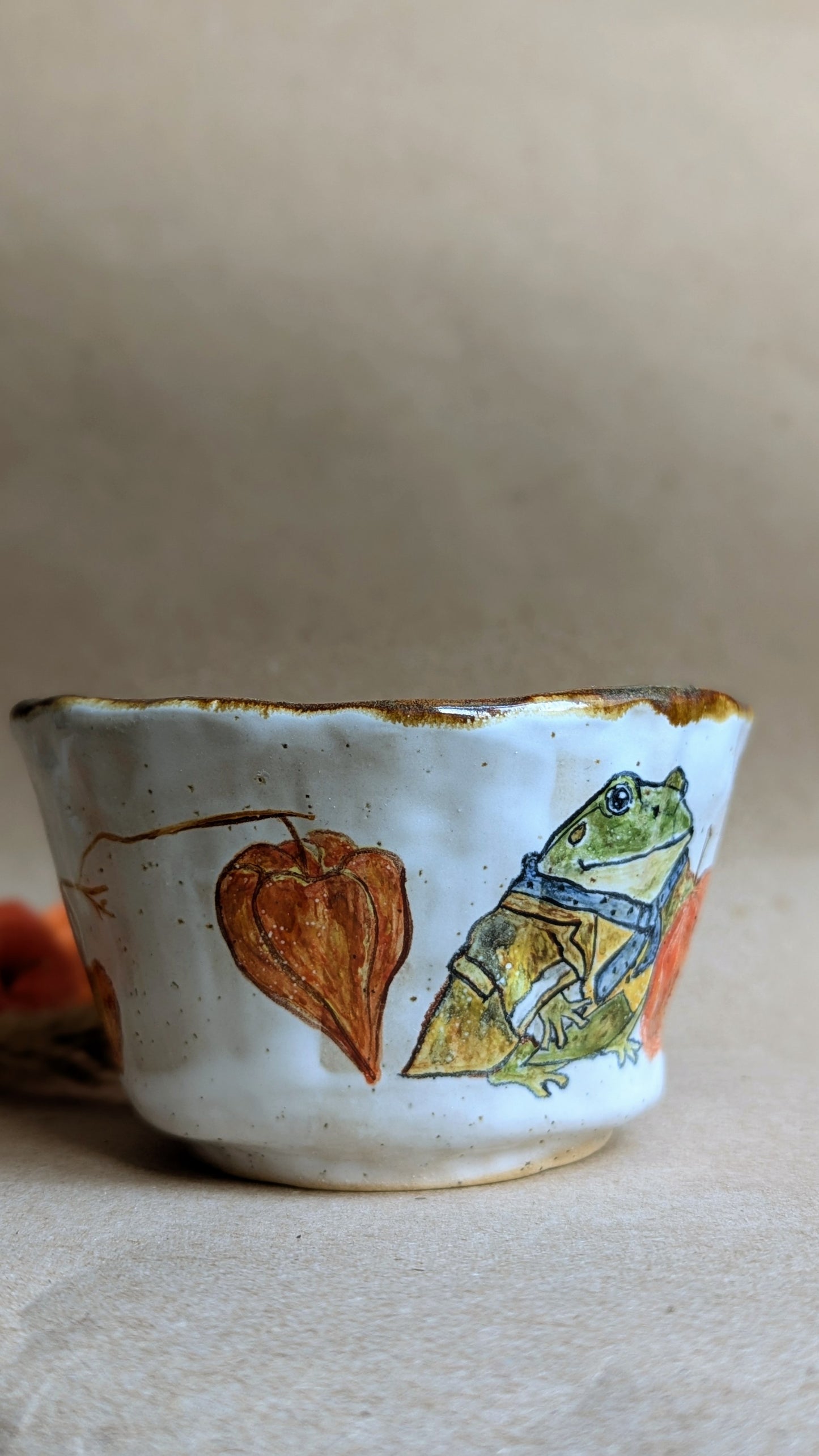 Handmade Mug with a Frog and Physalis