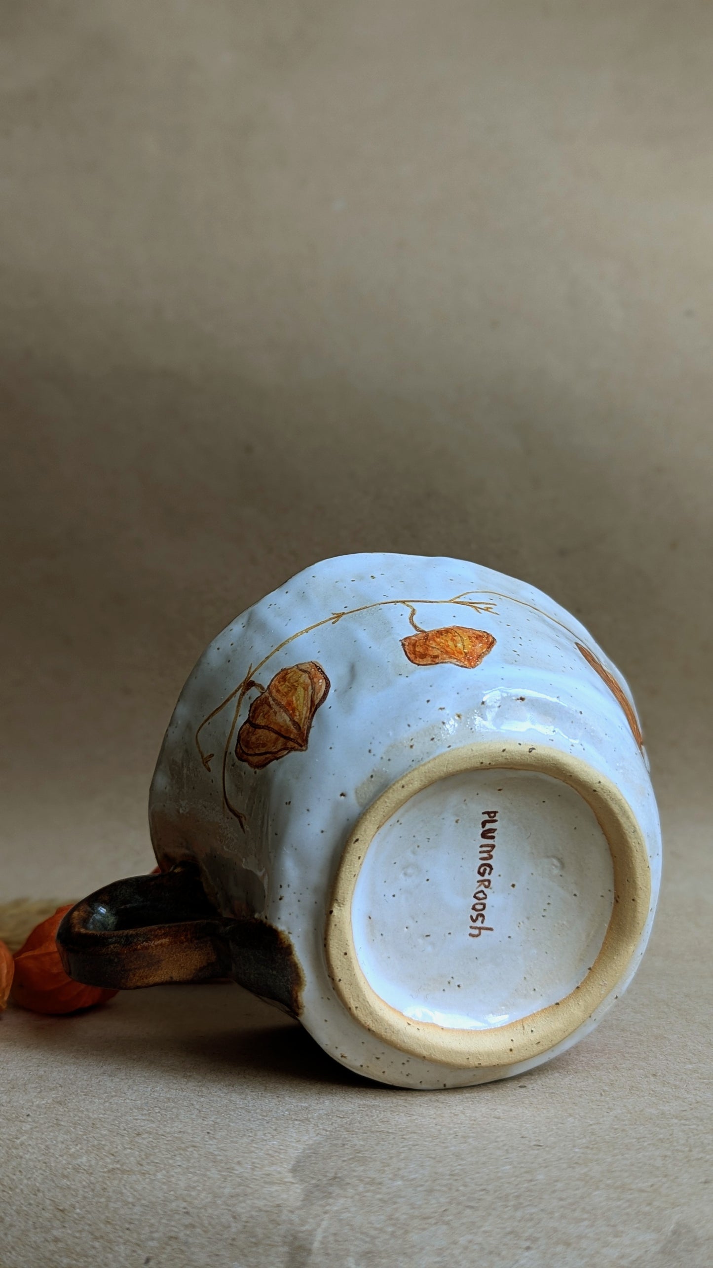 Handmade Mug with a Frog and Physalis