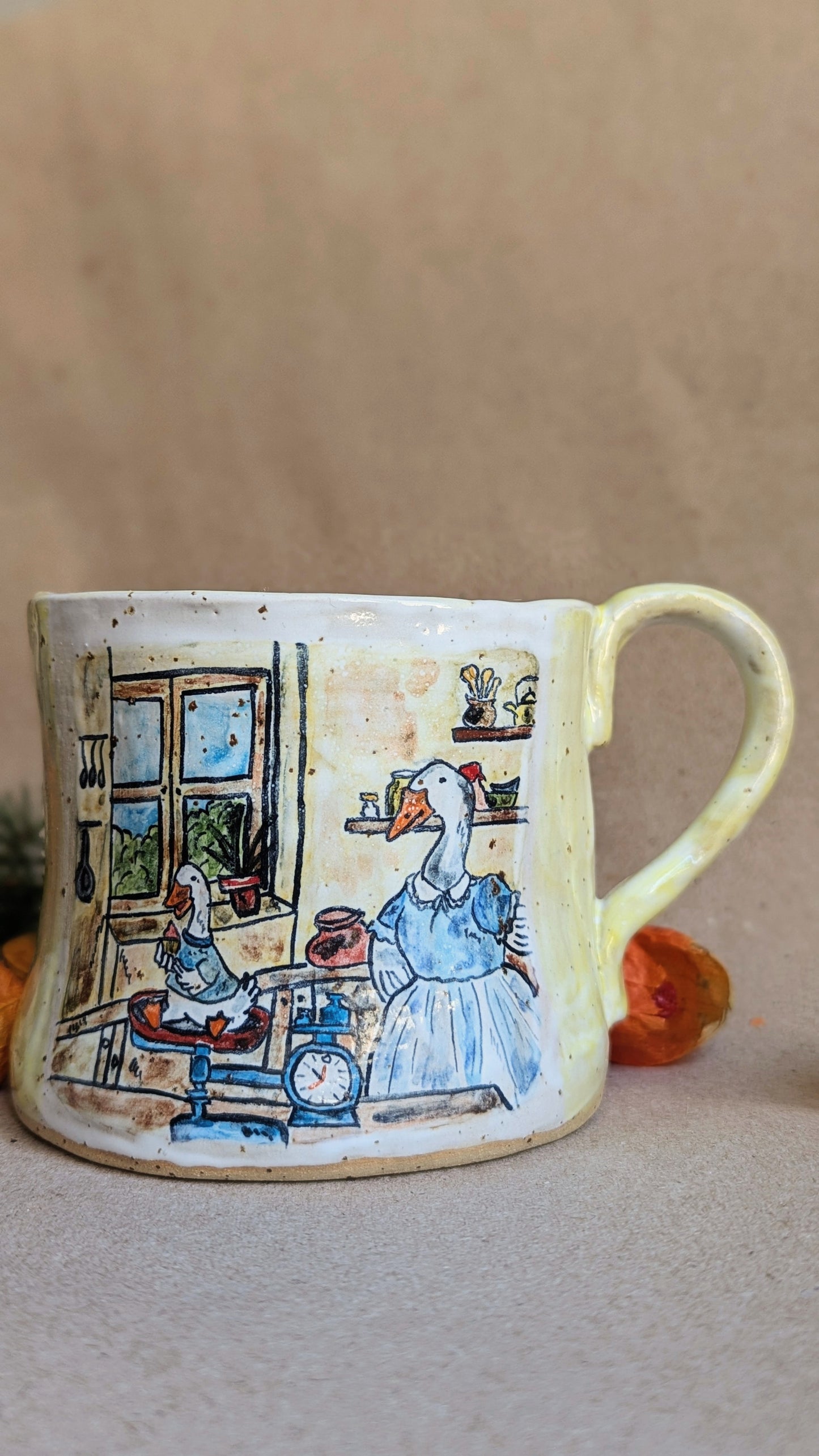 Handmade Mug with a Mother Goose and Gosling