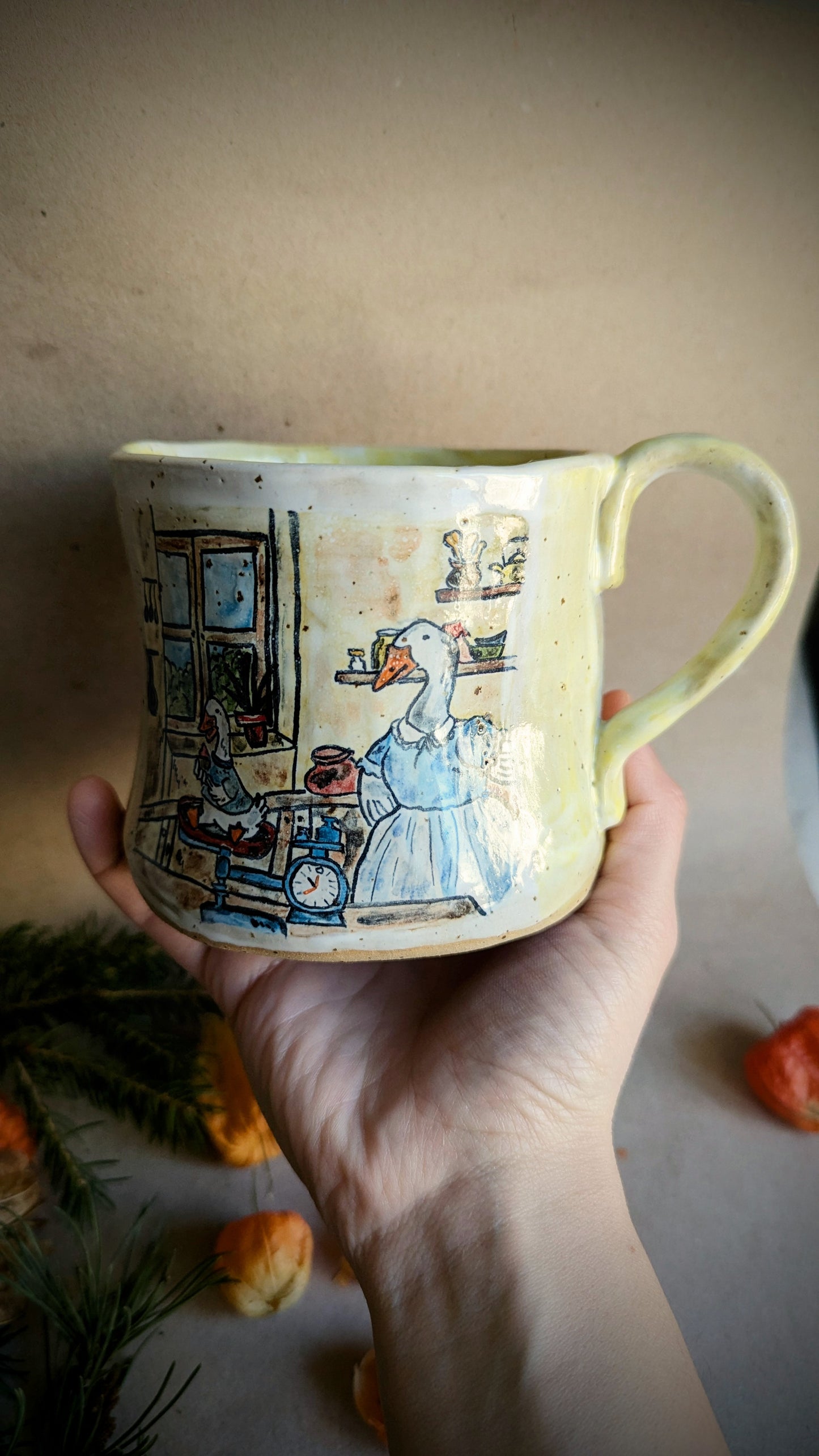 Handmade Mug with a Mother Goose and Gosling