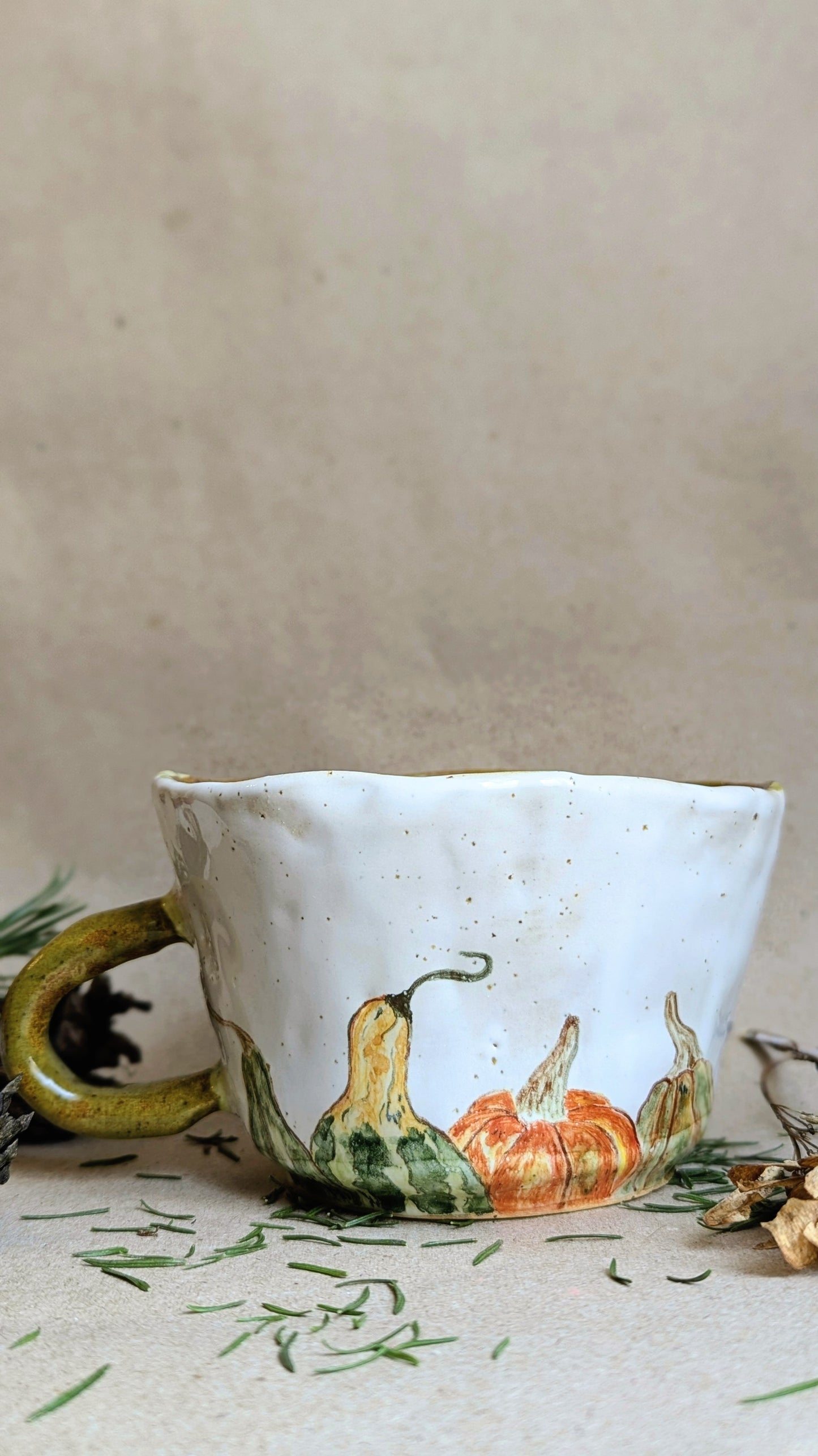 Handmade Mug with Pumpkins and Frogs