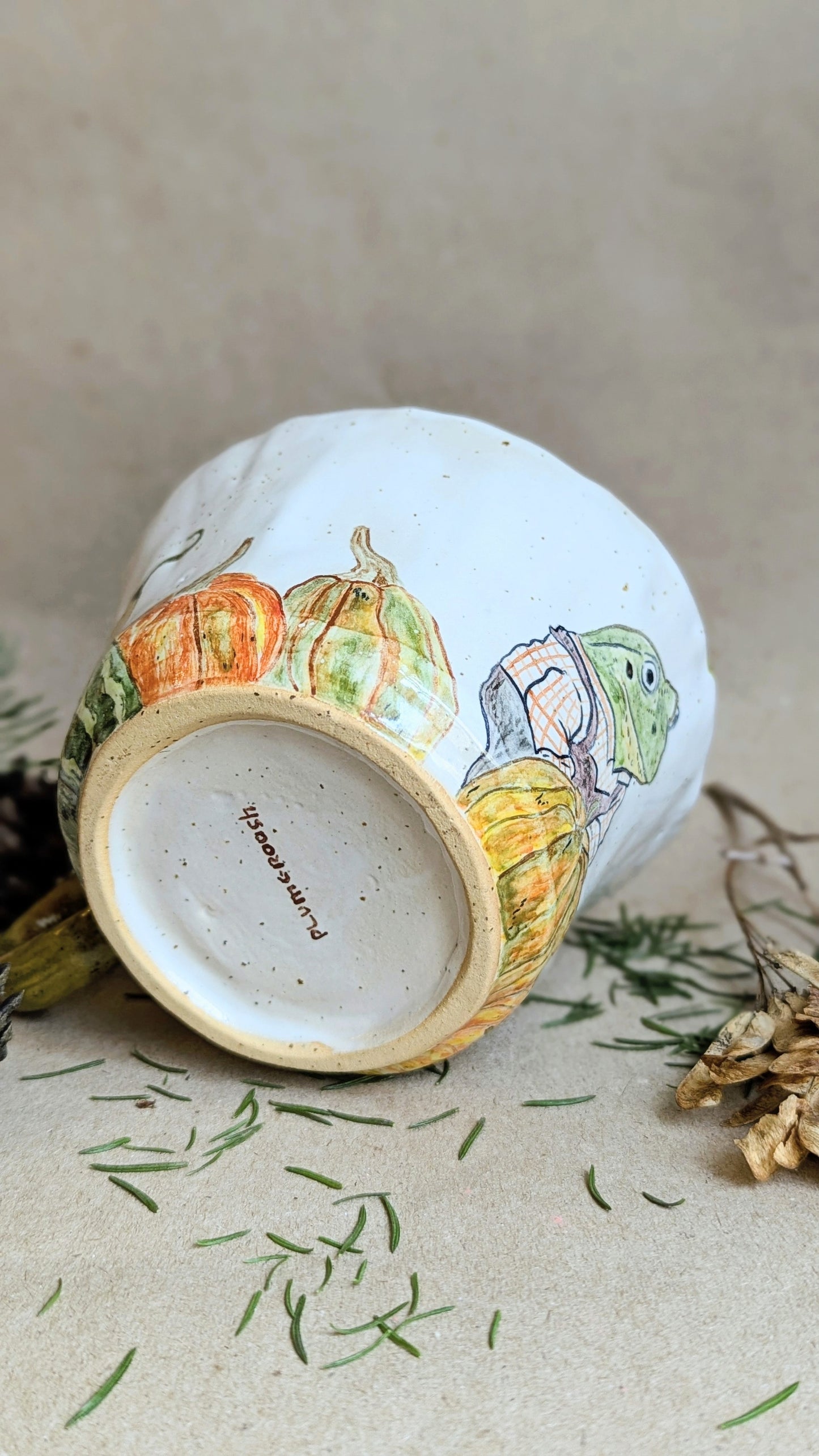 Handmade Mug with Pumpkins and Frogs