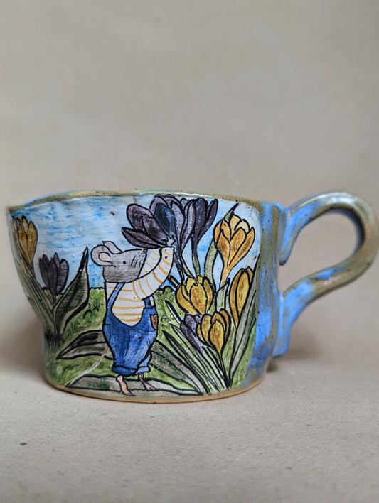 Handmade stoneware mouse mug with hand painted crocus flowers