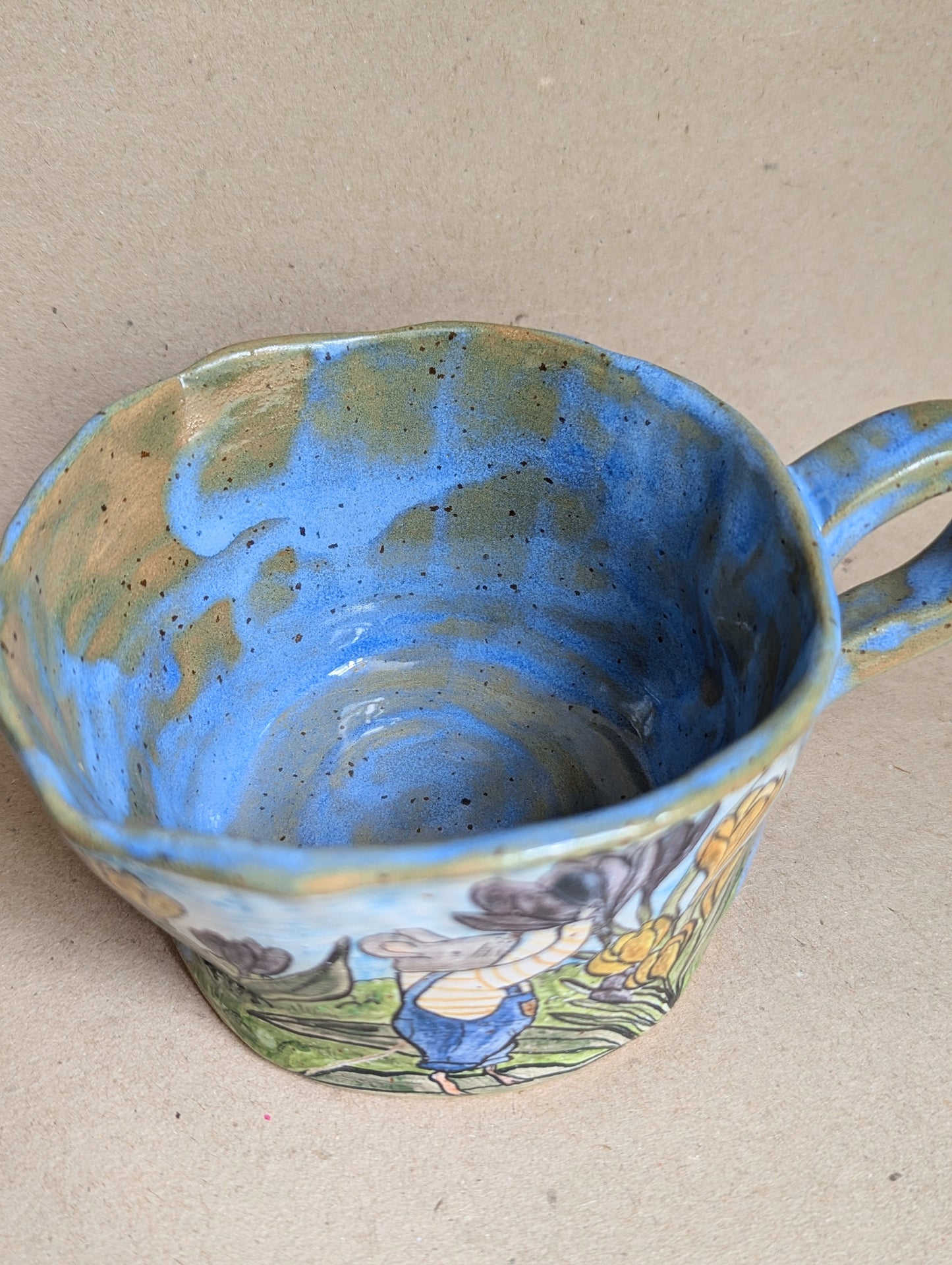 Handmade stoneware mouse mug with hand painted crocus flowers