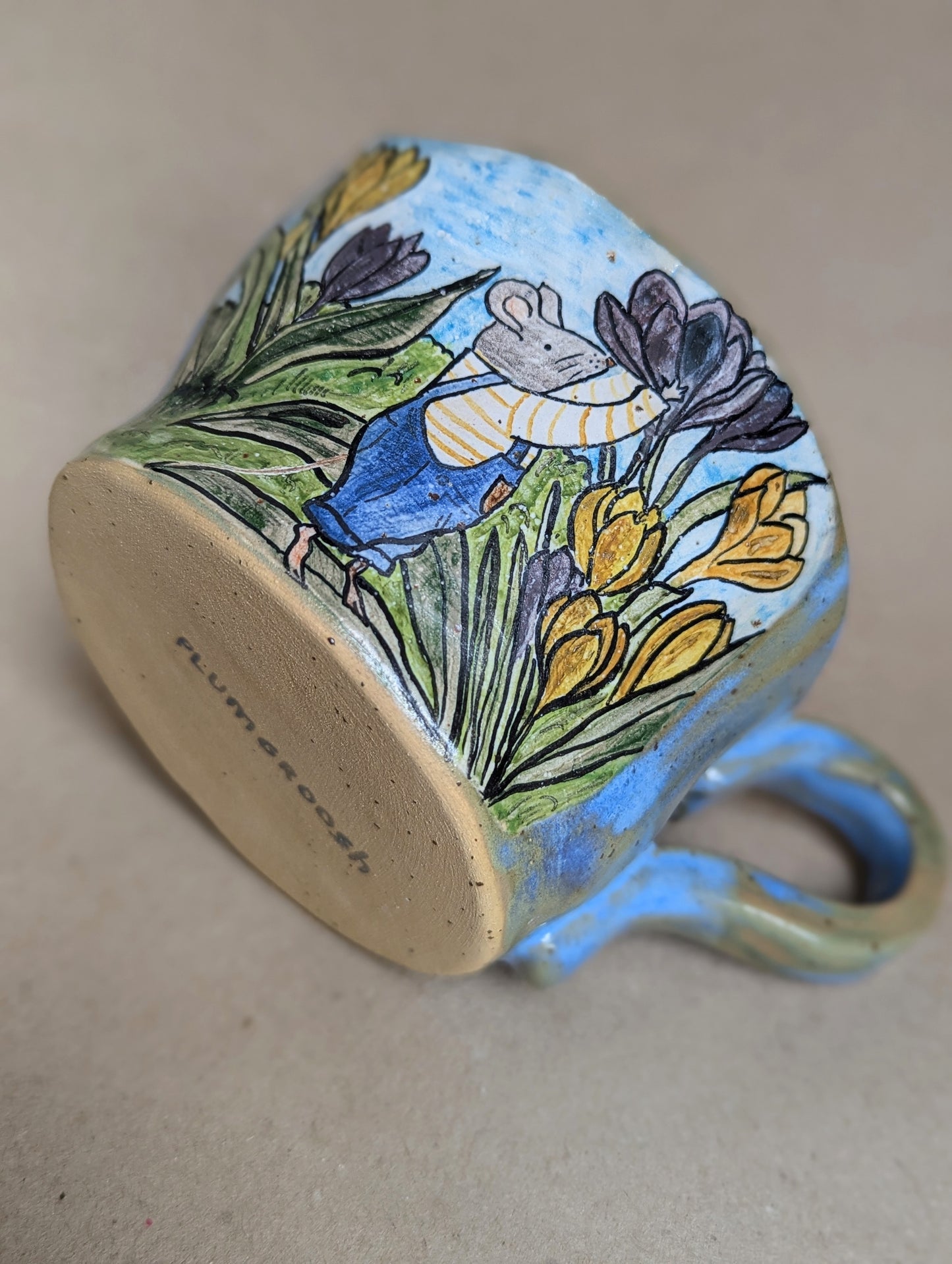 Handmade stoneware mouse mug with hand painted crocus flowers