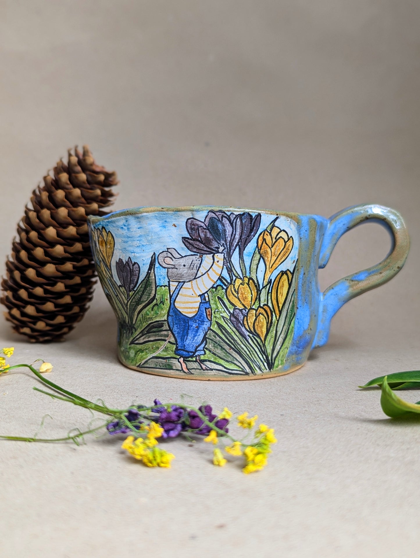 Handmade stoneware mouse mug with hand painted crocus flowers