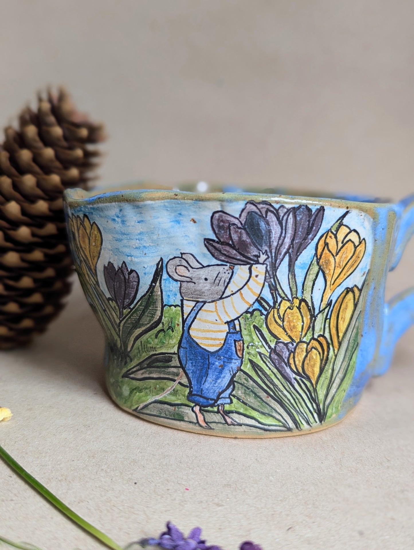 Handmade stoneware mouse mug with hand painted crocus flowers