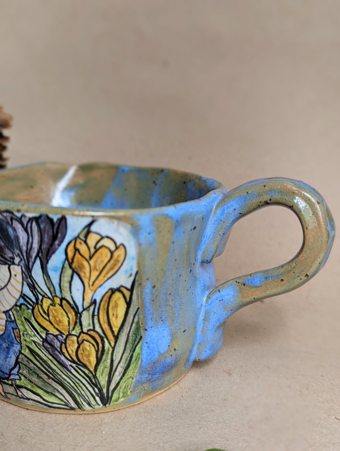 Handmade stoneware mouse mug with hand painted crocus flowers